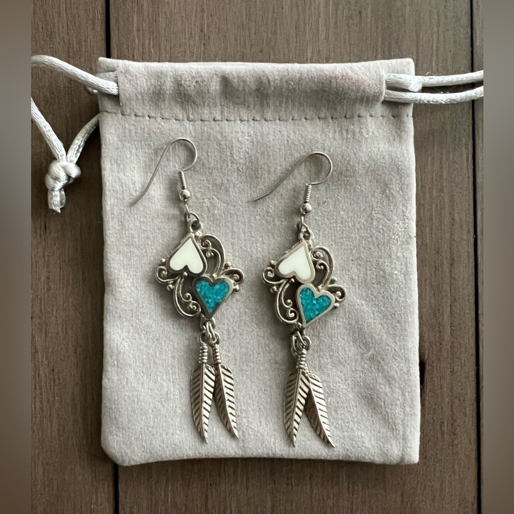 Southwestern Silver Tone Turquoise Heart & Feather Dangle Earrings